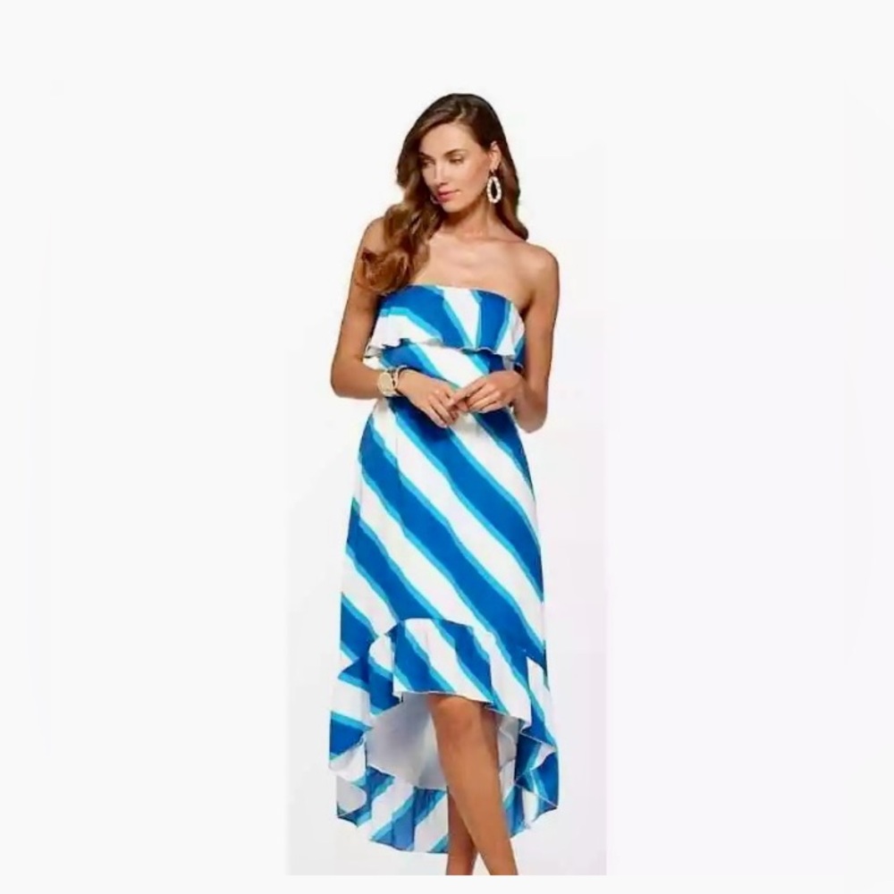 Lilly Pulitzer 🌸Caldwell Sail Stripe High Low Strapless Dress w/Gold Trim Small - Picture 2 of 12